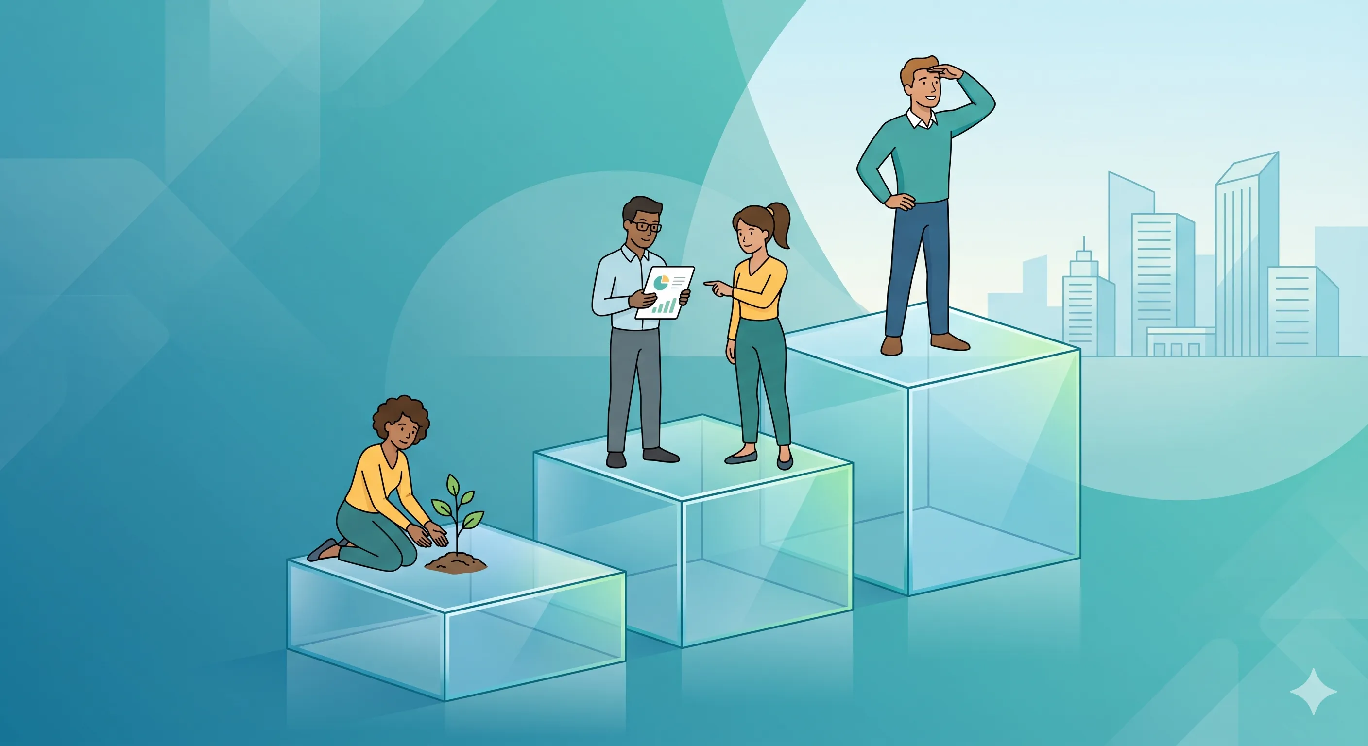 A clean, professional illustration featuring people standing on three transparent, ascending glass tiers, symbolising the new tiered reporting model for small, medium, and large charities.