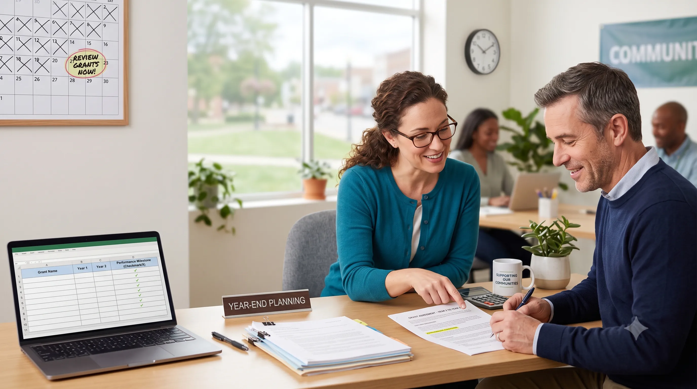 A diverse team of charity professionals collaborating at a desk, reviewing a paper grant agreement and pointing out key clauses. On the desk is a laptop showing a bookkeeping spreadsheet, a stack of files labeled "Proactive Review Now", and a wall calendar in the background highlighting a note that reads "Start Contract Review Now!"