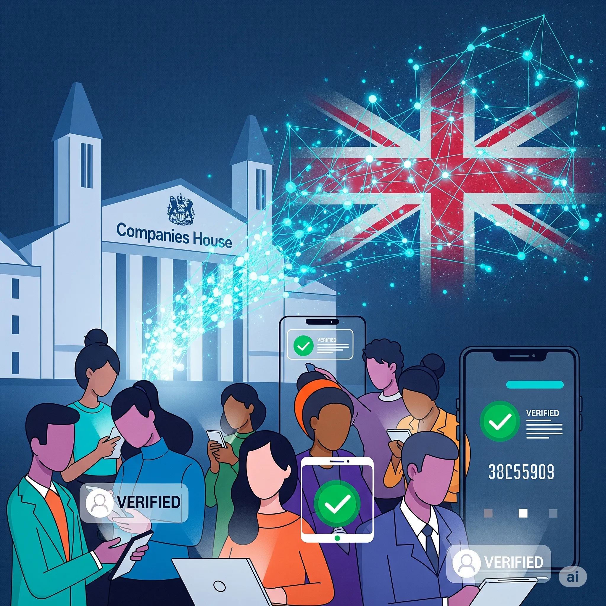 People outside companies varifying themselves on phones and laptops.